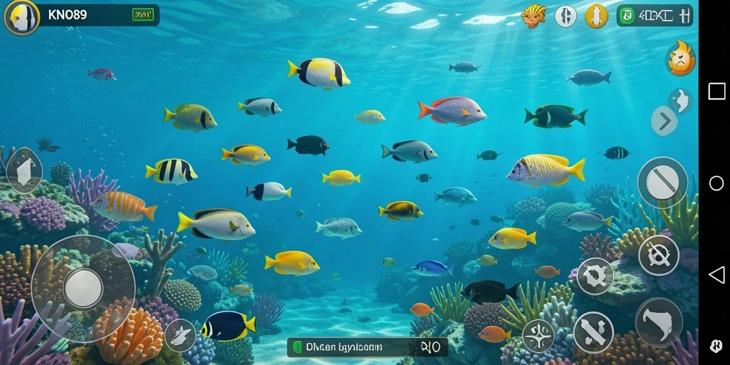 Screenshot KNO89 menampilkan aksi menembak ikan yang seru dan penuh warna.