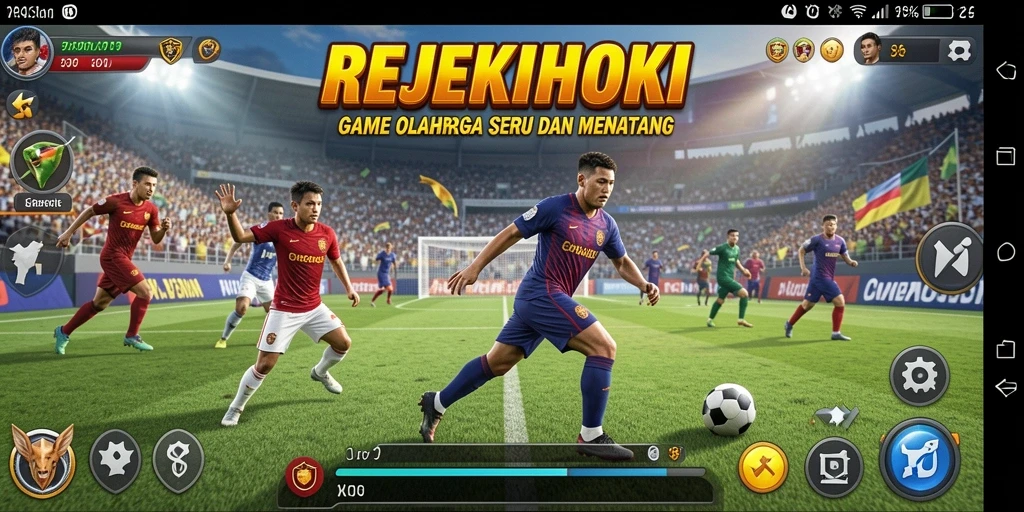 Tampilan gameplay seru dalam REJEKIHOKI yang menampilkan pertandingan olahraga.